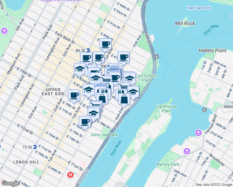 map of restaurants, bars, coffee shops, grocery stores, and more near 514 East 83rd Street in New York