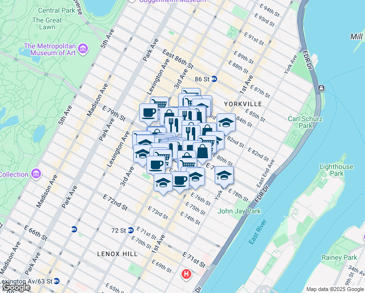 map of restaurants, bars, coffee shops, grocery stores, and more near in New York