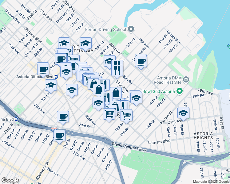 map of restaurants, bars, coffee shops, grocery stores, and more near 21-36 42nd Street in Queens