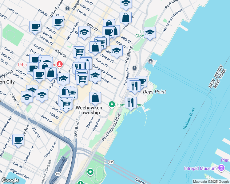 map of restaurants, bars, coffee shops, grocery stores, and more near 829 Boulevard East in Weehawken