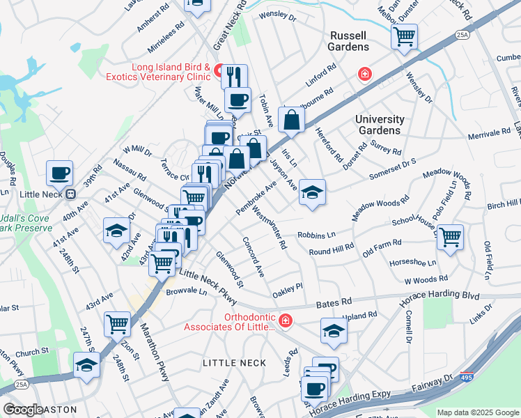 map of restaurants, bars, coffee shops, grocery stores, and more near 77 Westminster Road in Great Neck