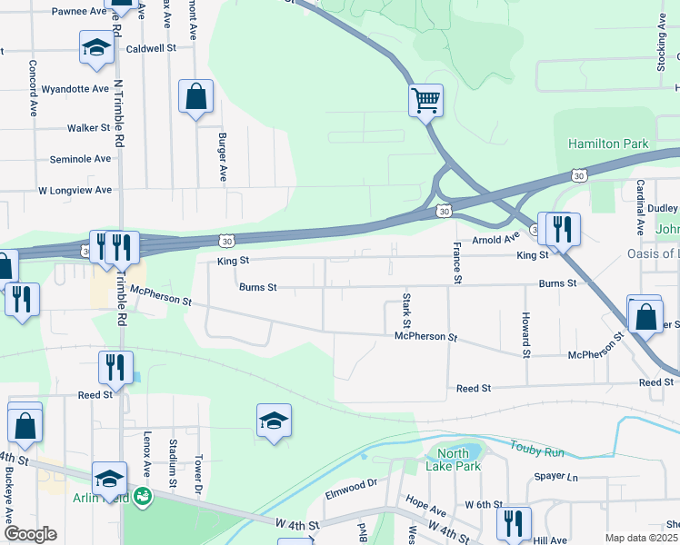 map of restaurants, bars, coffee shops, grocery stores, and more near 740 Burns Street in Mansfield