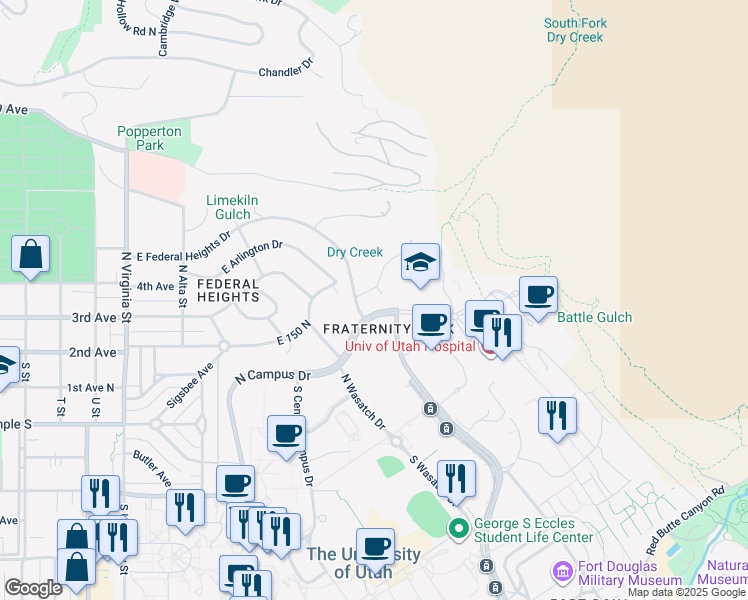 map of restaurants, bars, coffee shops, grocery stores, and more near 1714 Fort Douglas Circle in Salt Lake City