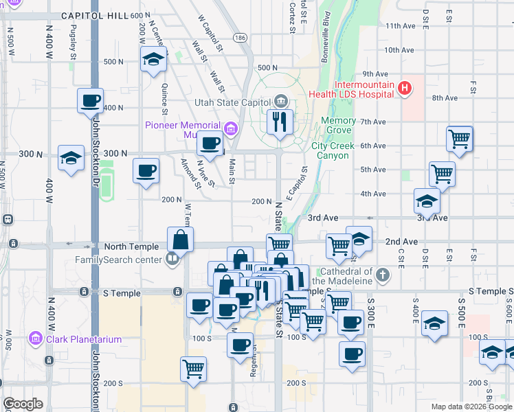 map of restaurants, bars, coffee shops, grocery stores, and more near 45 Place in Salt Lake City