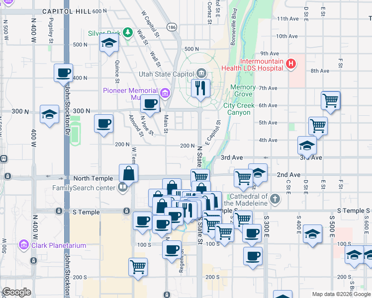 map of restaurants, bars, coffee shops, grocery stores, and more near 45 Place in Salt Lake City