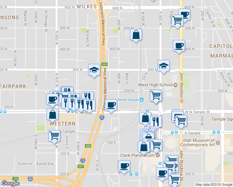 map of restaurants, bars, coffee shops, grocery stores, and more near 619 West 200 North in Salt Lake City