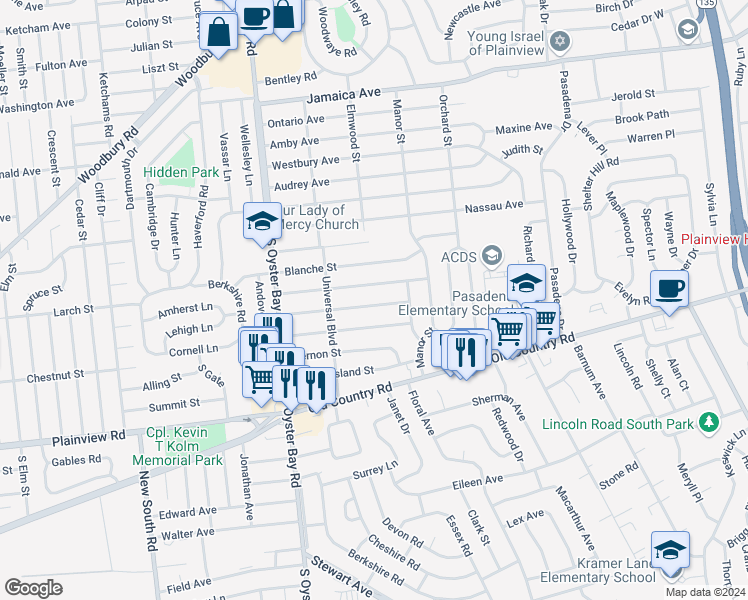 map of restaurants, bars, coffee shops, grocery stores, and more near 49 Relda Street in Plainview