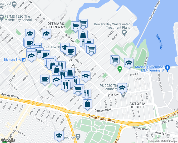 map of restaurants, bars, coffee shops, grocery stores, and more near 20-67 45th Street in Queens