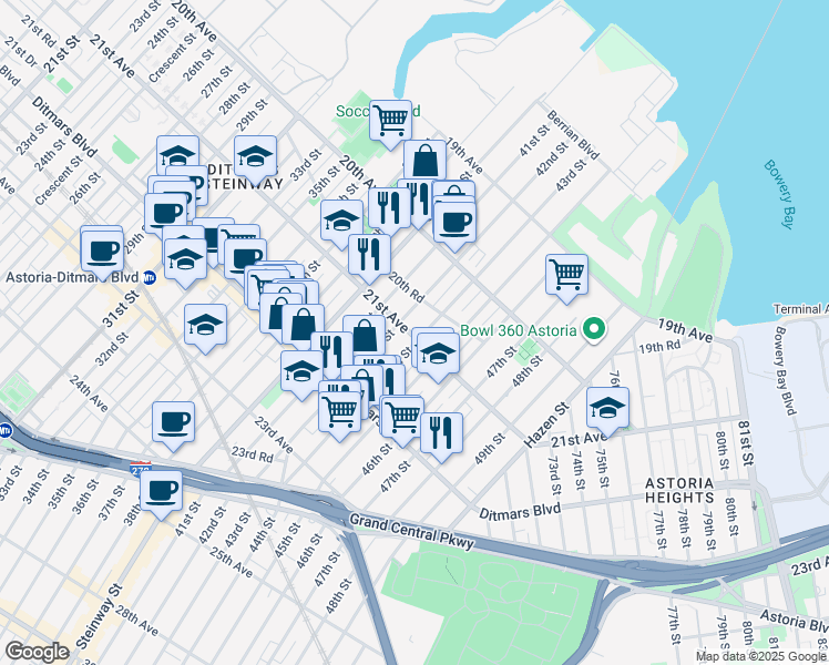 map of restaurants, bars, coffee shops, grocery stores, and more near 42-20 21st Avenue in Queens