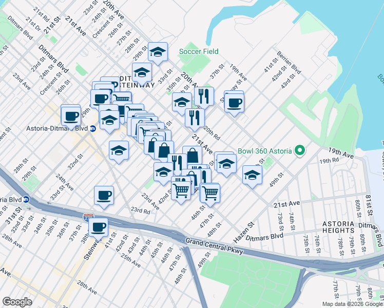 map of restaurants, bars, coffee shops, grocery stores, and more near 21-36 42nd Street in Queens