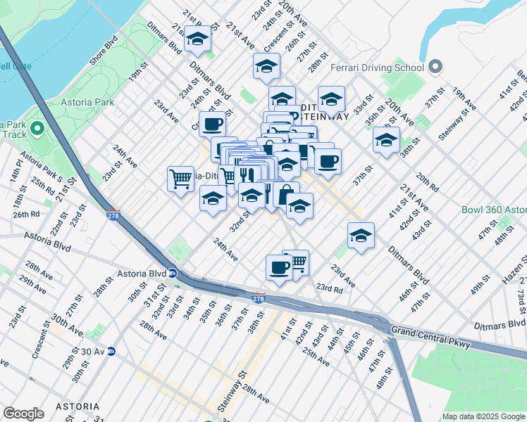 map of restaurants, bars, coffee shops, grocery stores, and more near 23-26 33rd Street in Queens