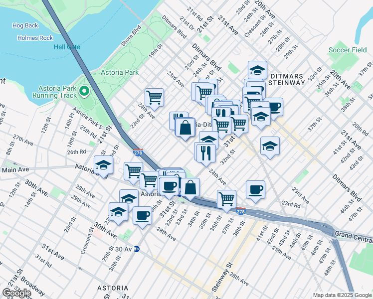 map of restaurants, bars, coffee shops, grocery stores, and more near 28-12 24th Avenue in Queens