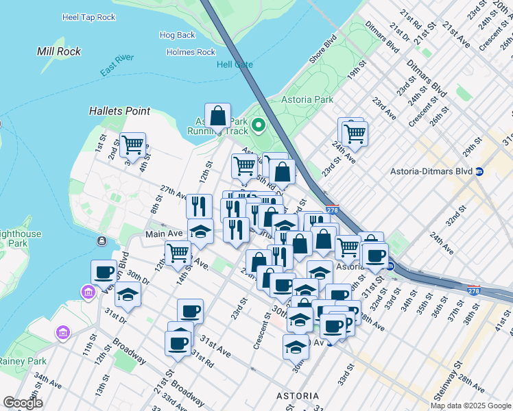 map of restaurants, bars, coffee shops, grocery stores, and more near 18-38 26th Road in Queens