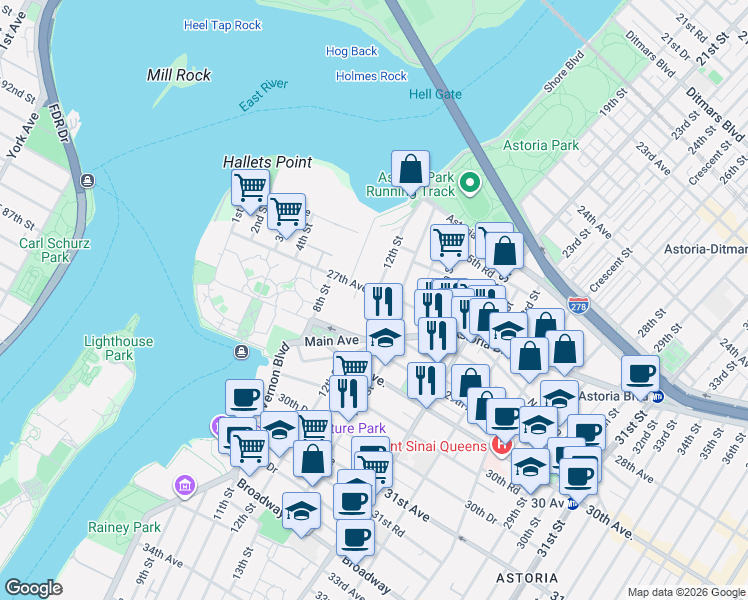 map of restaurants, bars, coffee shops, grocery stores, and more near 2726 12th Street in Queens