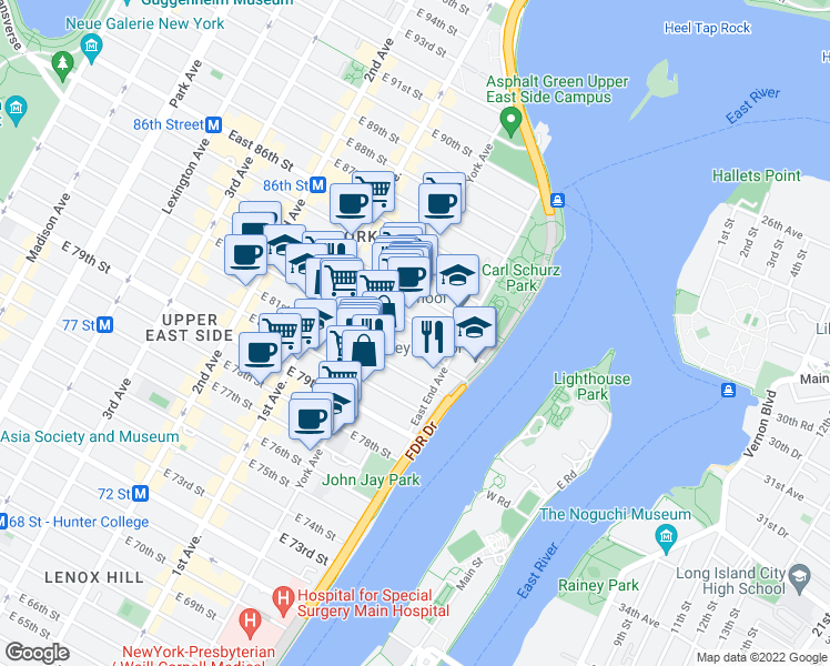 map of restaurants, bars, coffee shops, grocery stores, and more near 506 East 82nd Street in New York