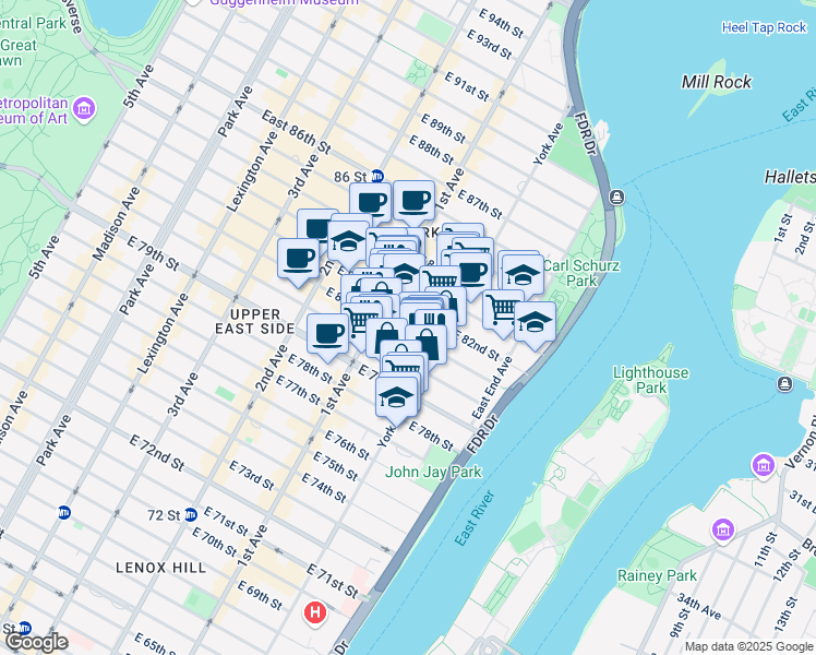 map of restaurants, bars, coffee shops, grocery stores, and more near 451 East 81st Street in New York
