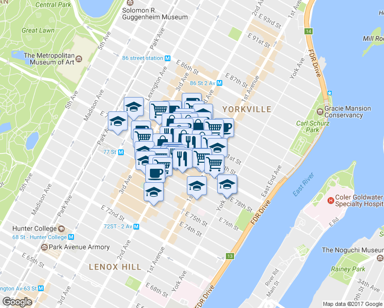 map of restaurants, bars, coffee shops, grocery stores, and more near in New York