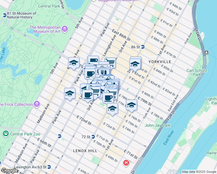 map of restaurants, bars, coffee shops, grocery stores, and more near 205 East 77th Street in New York