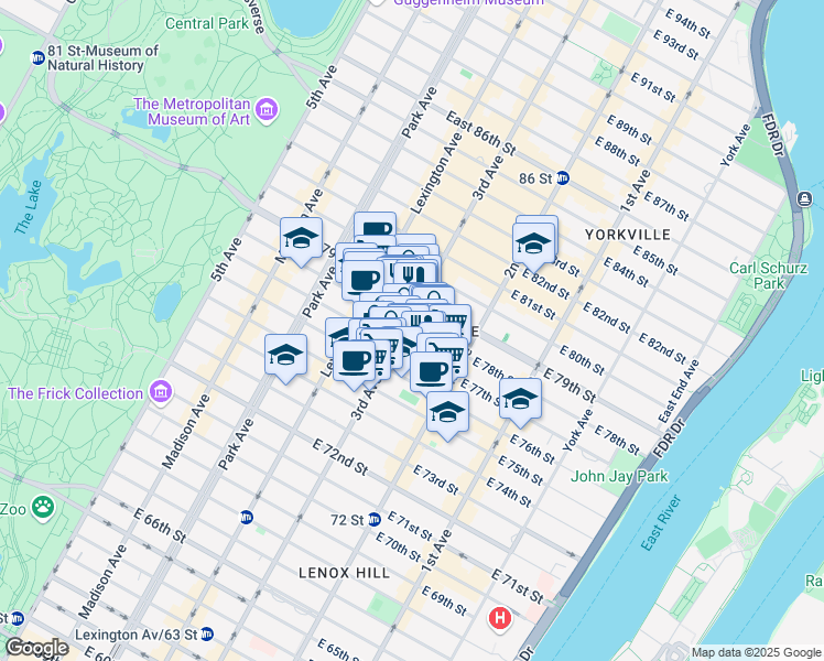 map of restaurants, bars, coffee shops, grocery stores, and more near 205 East 77th Street in New York