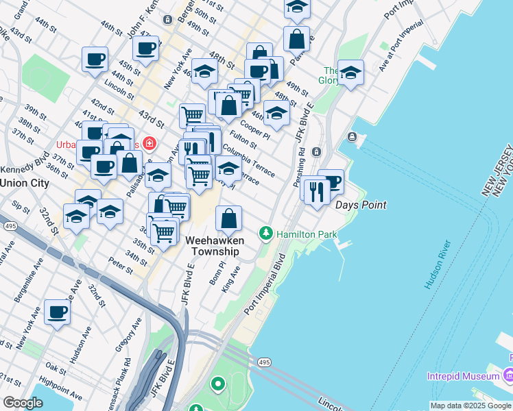 map of restaurants, bars, coffee shops, grocery stores, and more near 829 Boulevard East in Weehawken