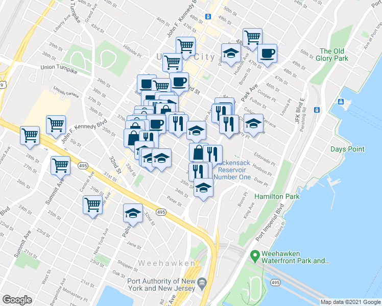 map of restaurants, bars, coffee shops, grocery stores, and more near 140 37th Street in Union City