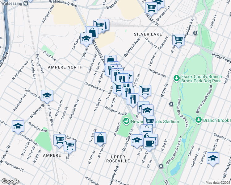 map of restaurants, bars, coffee shops, grocery stores, and more near 508 North 11th Street in Newark