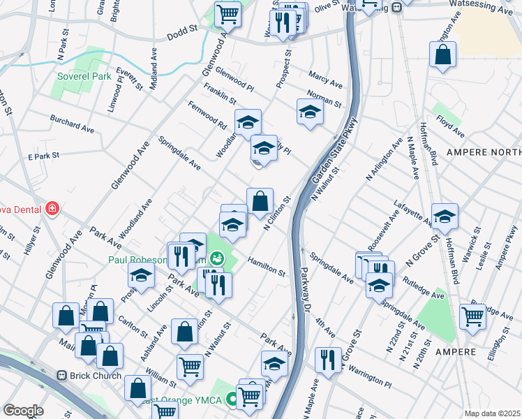 map of restaurants, bars, coffee shops, grocery stores, and more near in East Orange