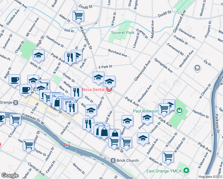 map of restaurants, bars, coffee shops, grocery stores, and more near 90 Washington Street in East Orange