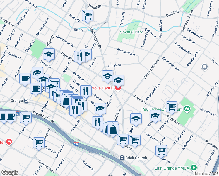 map of restaurants, bars, coffee shops, grocery stores, and more near 28 State Street in East Orange