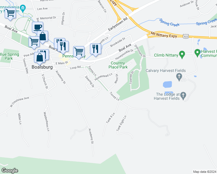 map of restaurants, bars, coffee shops, grocery stores, and more near 524 West Drive in Boalsburg