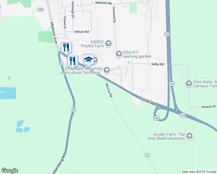 map of restaurants, bars, coffee shops, grocery stores, and more near 2106 McCoy Road in Wooster