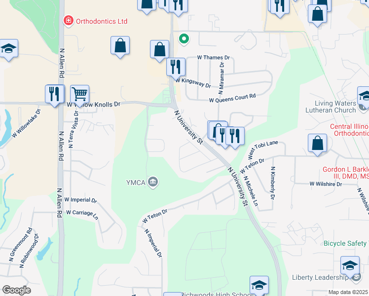 map of restaurants, bars, coffee shops, grocery stores, and more near 7018 North Willow Wood Drive in Peoria