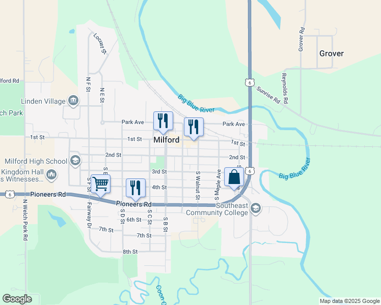 map of restaurants, bars, coffee shops, grocery stores, and more near 417 2nd Street in Milford
