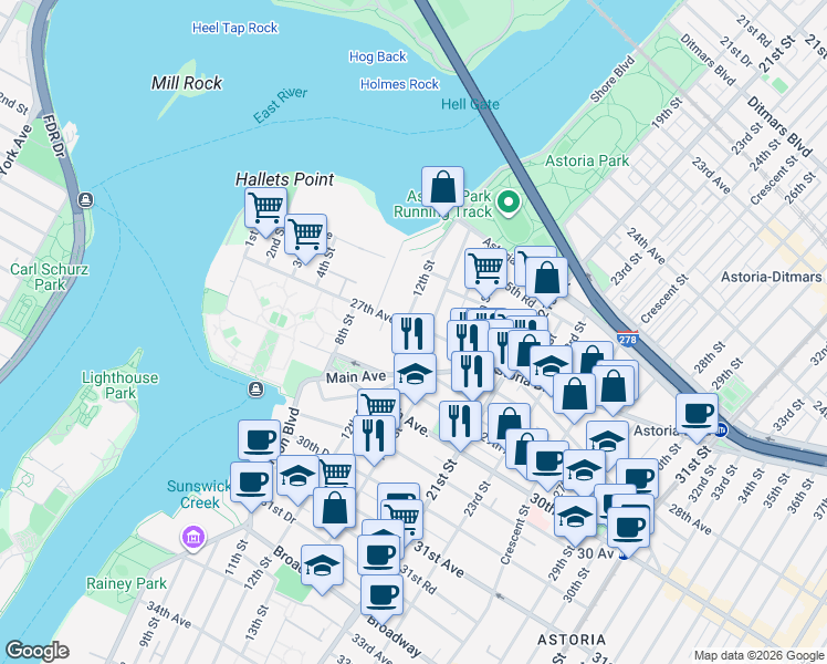 map of restaurants, bars, coffee shops, grocery stores, and more near in New York
