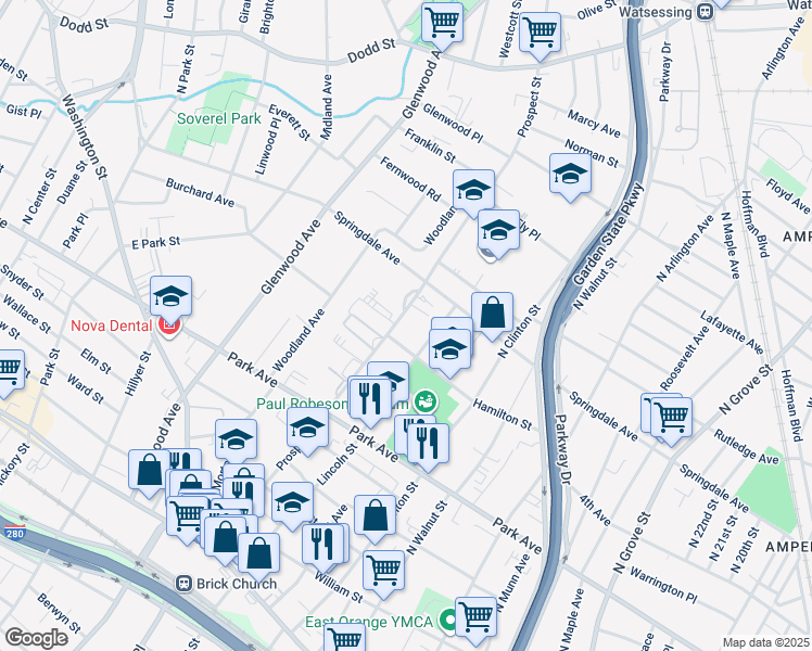 map of restaurants, bars, coffee shops, grocery stores, and more near 250 Prospect Street in East Orange