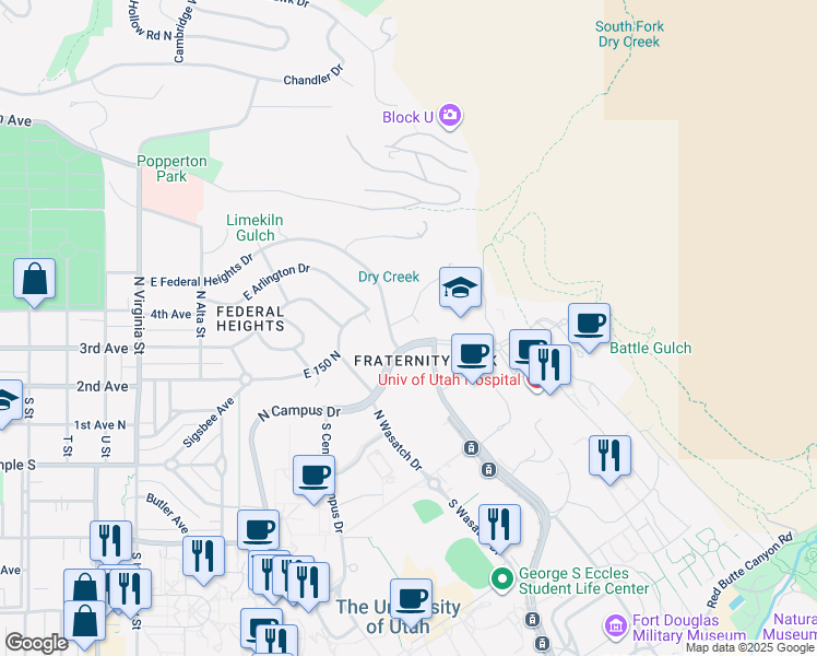 map of restaurants, bars, coffee shops, grocery stores, and more near 1714 Fort Douglas Circle in Salt Lake City