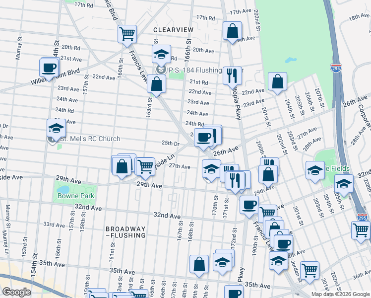 map of restaurants, bars, coffee shops, grocery stores, and more near 166-39 26th Avenue in Queens