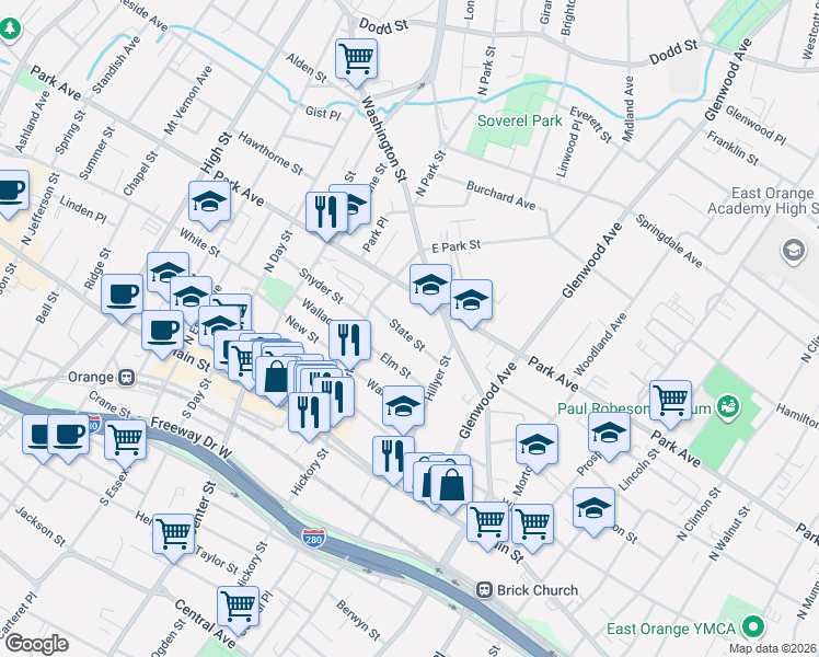 map of restaurants, bars, coffee shops, grocery stores, and more near 44 State Street in East Orange