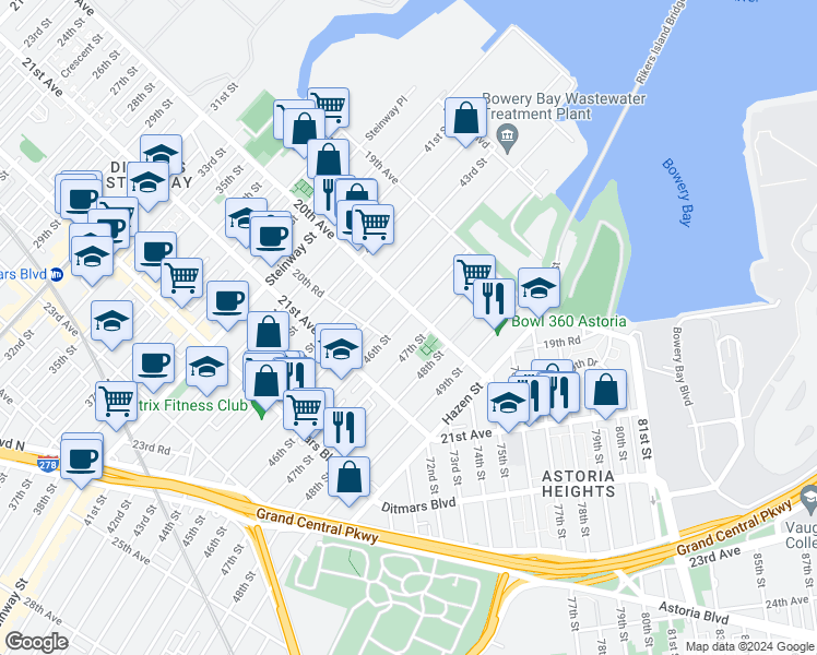 map of restaurants, bars, coffee shops, grocery stores, and more near 20-11 46th Street in Queens