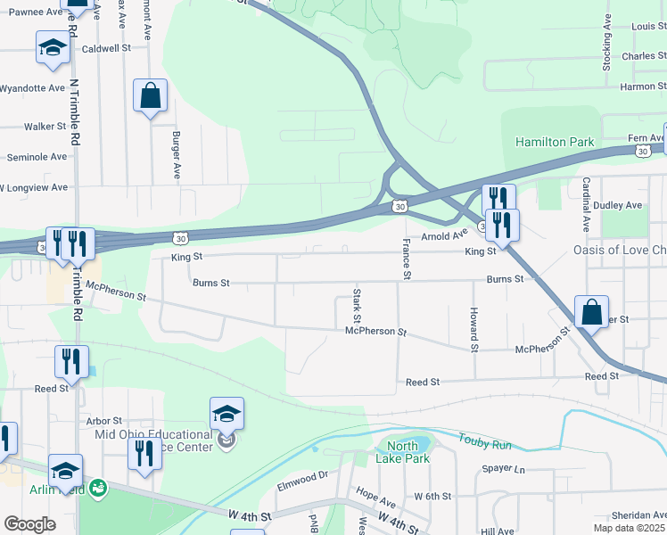 map of restaurants, bars, coffee shops, grocery stores, and more near 715 King Street in Mansfield
