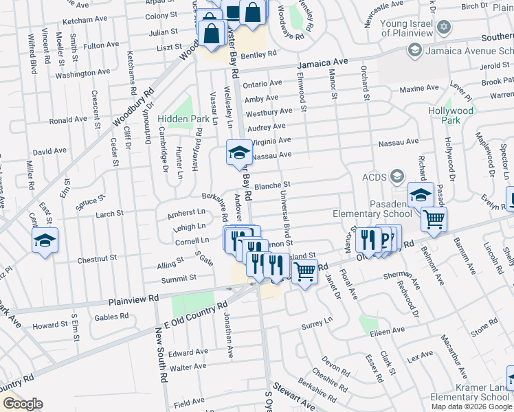 map of restaurants, bars, coffee shops, grocery stores, and more near 3 Sunrise Street in Plainview