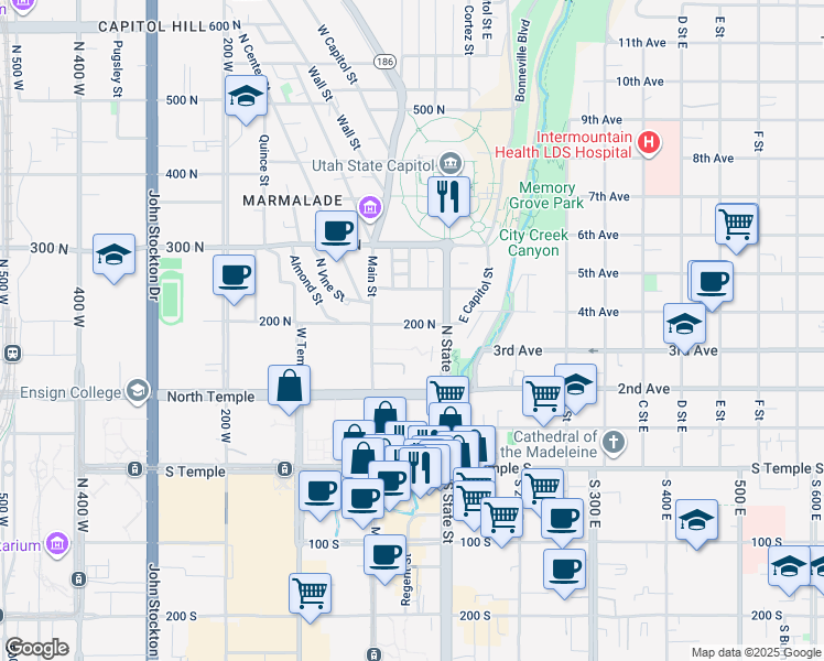 map of restaurants, bars, coffee shops, grocery stores, and more near 48 East 200 North in Salt Lake City