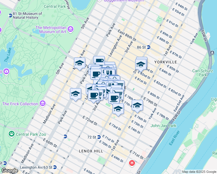 map of restaurants, bars, coffee shops, grocery stores, and more near 205 East 77th Street in New York