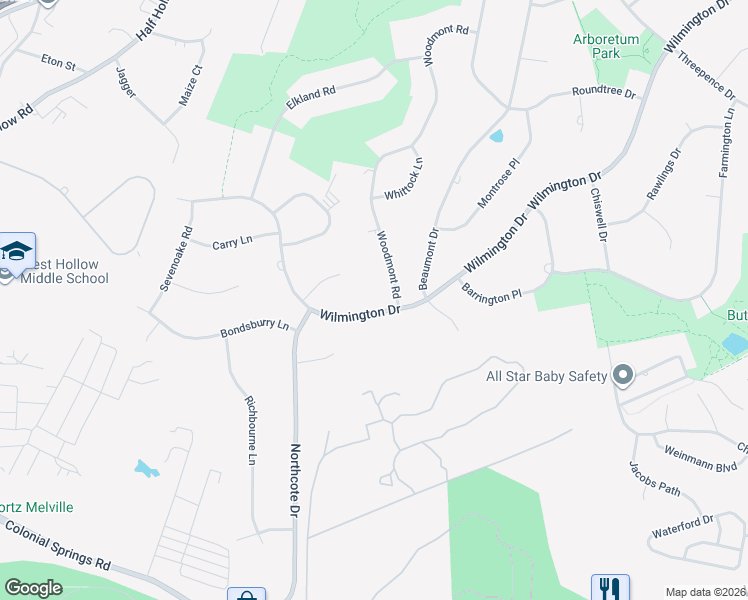 map of restaurants, bars, coffee shops, grocery stores, and more near 87 Wilmington Drive in Melville