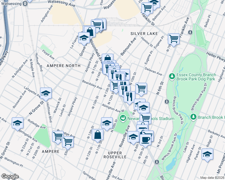 map of restaurants, bars, coffee shops, grocery stores, and more near 508 North 11th Street in Newark