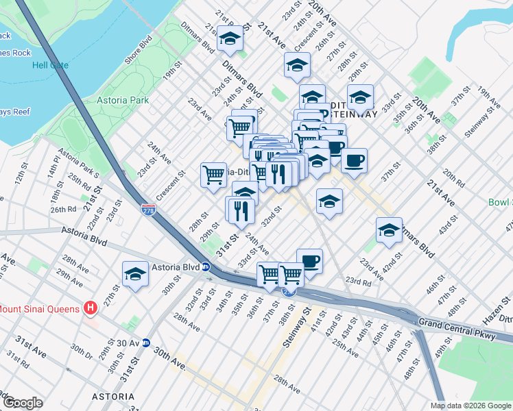map of restaurants, bars, coffee shops, grocery stores, and more near 23-53 31st Street in Queens