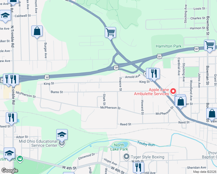 map of restaurants, bars, coffee shops, grocery stores, and more near 640 Burns Street in Mansfield