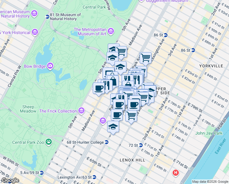 map of restaurants, bars, coffee shops, grocery stores, and more near 821 Park Avenue in New York