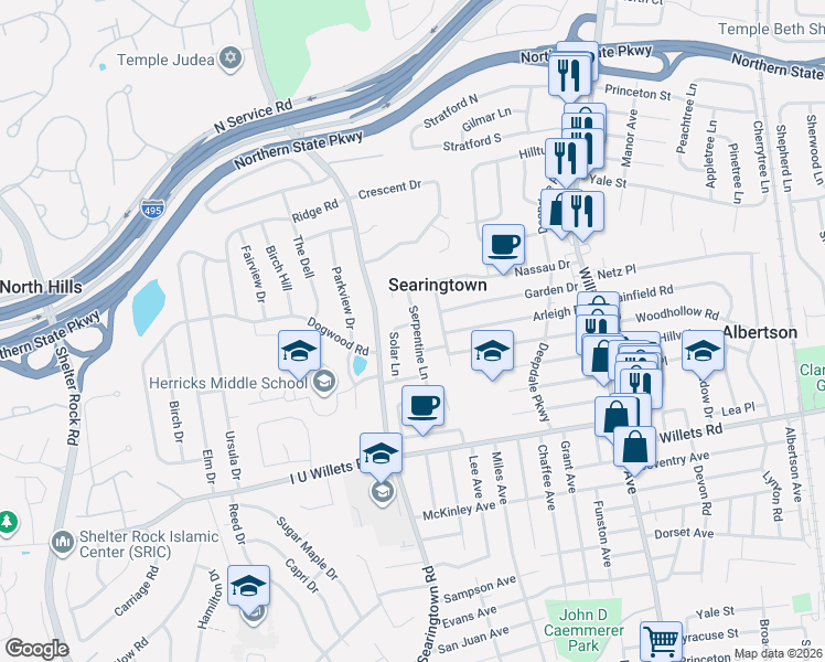 map of restaurants, bars, coffee shops, grocery stores, and more near 102 Serpentine Lane in Albertson