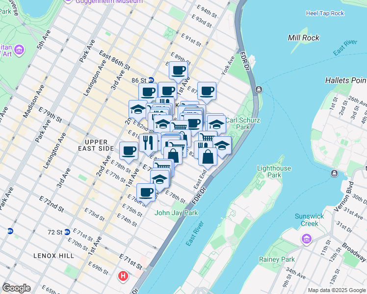map of restaurants, bars, coffee shops, grocery stores, and more near 505 East 82nd Street in New York